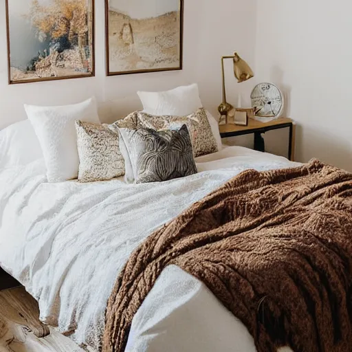 Prompt: a modest cozy bedroom during golden hours