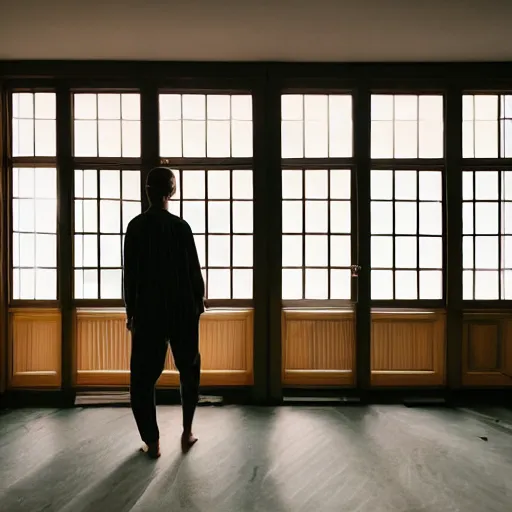 Image similar to person in pyjamas standing near window, turned back to camera, cinematography, sun rays, daylight, big french door window, big spatious room, carpet at the floor, wide shot 2 4 mm, anamorphic shot lens, walls at left and right sides, window at the center, wooden floor, modern, winter sun, photorealistic, high ceiling