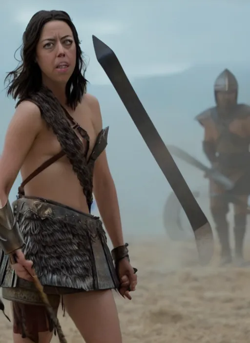 Image similar to film still of aubrey plaza as leonidas in 3 0 0 movie, 8 k