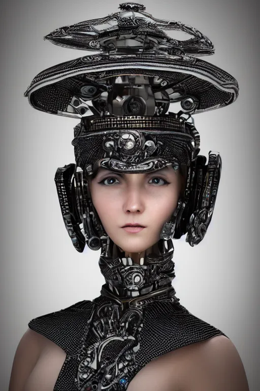 Image similar to a portrait of a extremely intricately detailed beautiful robot wearing on its head a highly detailed perfect render black graduation hat, realism. concept art. unreal engine 5, f / 1. 8, v - ray, ultra hd, 8 k, graduation photo, atmospheric beautiful background and beautiful lighting. hyper realism.