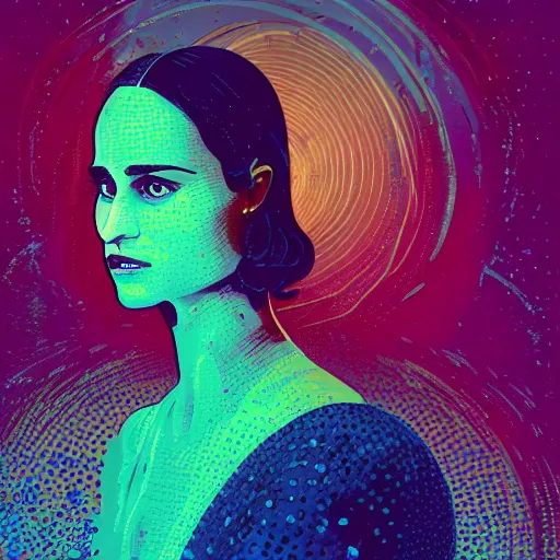 Image similar to ( ( dither ) ), editorial illustration portrait of alicia vikander in a spacestation interior, dynamic pose, modern art deco, colorful, ( ( mads berg ) ), christopher balaskas, victo ngai, rich grainy texture, detailed, dynamic composition, wide angle, matte print, alphonse mucha, ( ( glitch art pixel sorting ) )