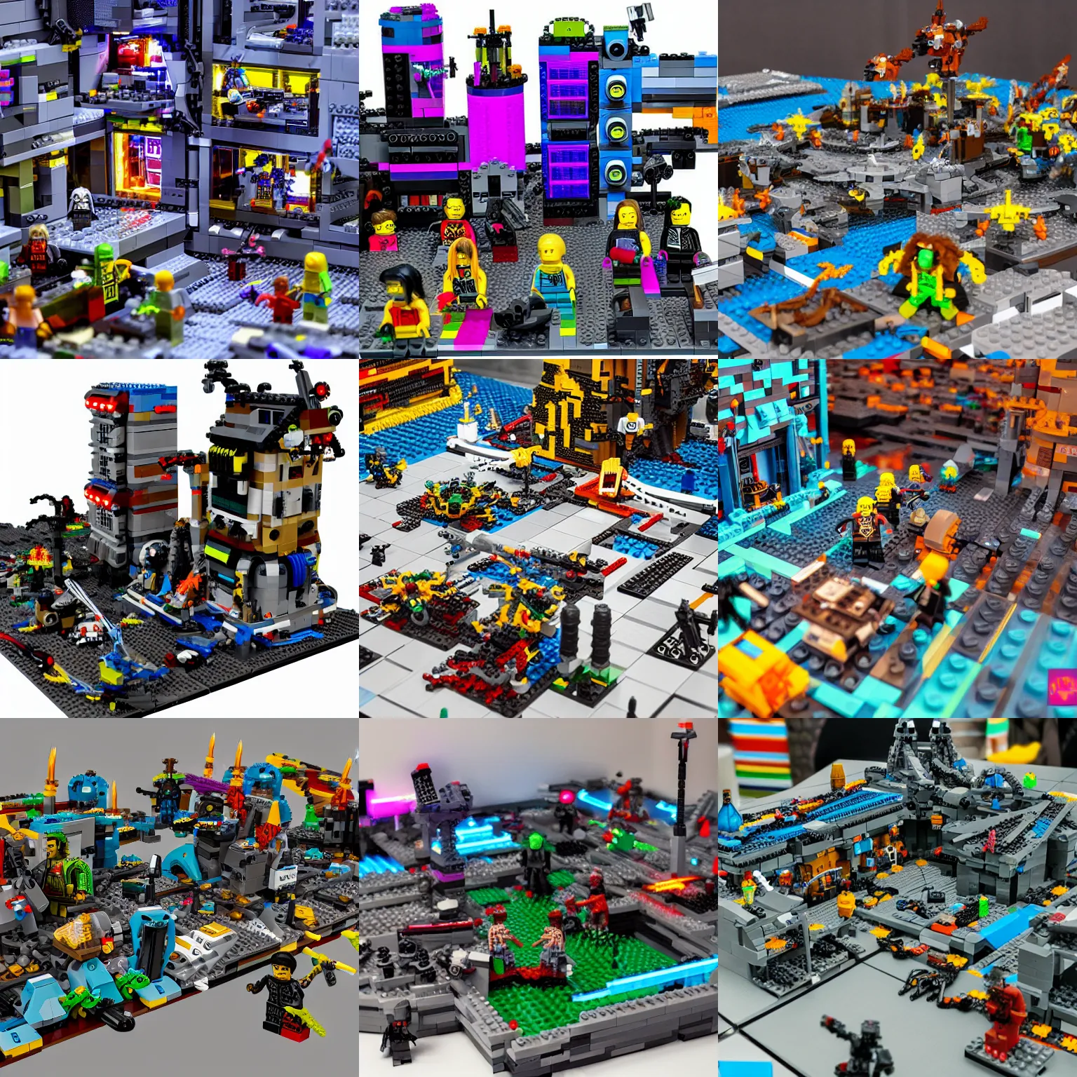 Prompt: cyberpunk hellscape in lego