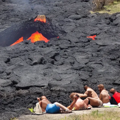 Image similar to people sunbathing on a volcano, lava, magma, smoke, steam, smoldering rocks