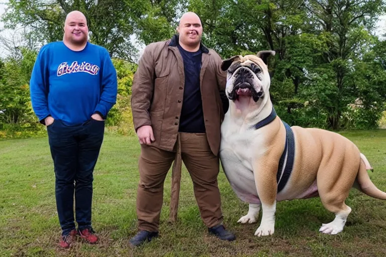 Image similar to a person standing next to a giant bulldog and the bulldog is five times taller then the person