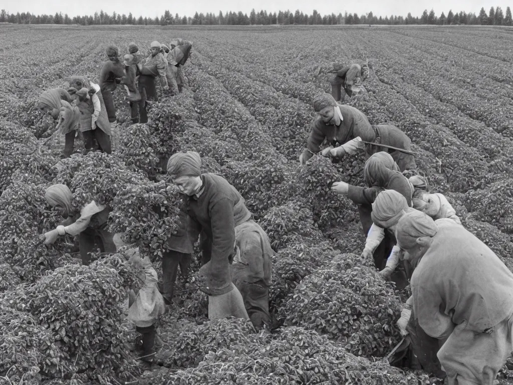 Prompt: potato harvesting in finnish farm, 1 9 6 6, home album pocket camera photo, detailed facial features, hyper realistic