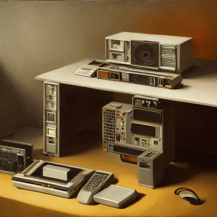 Prompt: still life painting of a retro electronics supercomputer workstation by pieter claesz, oil on canvas, blade runner vibes, strong lighting, highly detailed, hyper realism, golden hour, god rays, hd, 4 k