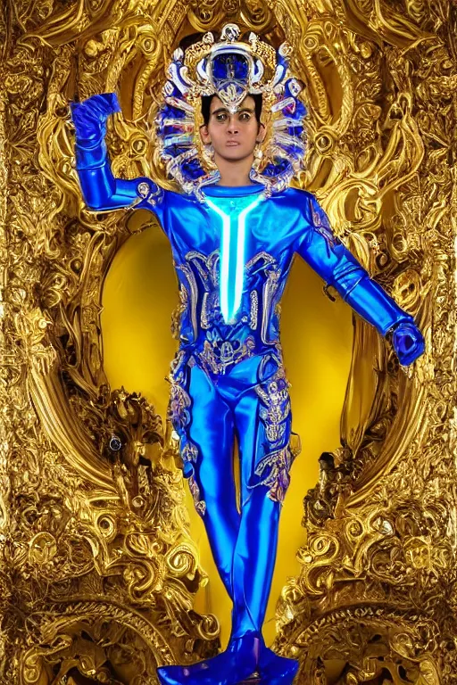 Image similar to full-body sculpture of a young handsome Colombiano prince as a half cibernetic android with a glowing blue battery in his chest, white laser beam coming out of his eyes, crown of giant diamonds, flowing neon-colored silk, fabric, raptors, in a cyperbunk and baroque style. baroque elements. full-length view. baroque element. intricate artwork by caravaggio. many many birds birds on background. Trending on artstation, octane render, cinematic lighting from the right, hyper realism, octane render, 8k, depth of field, 3D