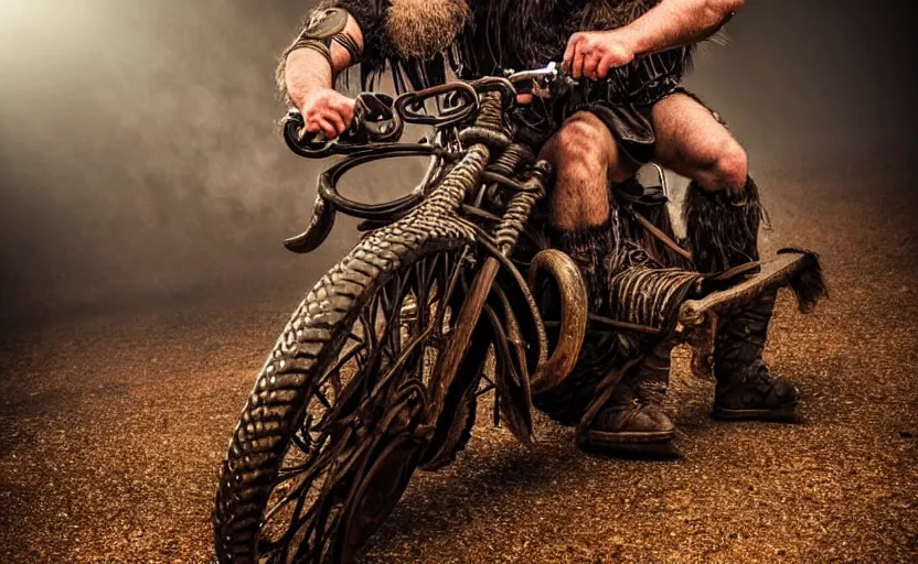 Image similar to old vintage full body photo of ancient viking warrior with full beard riding on the complex vintage punk engine with one wheel, extreme sports photography ,super high speed photography, dynamic photography,symmetrical face, clean face, muscular body, high speed,dirt and grawel in air, lens flares, dust partiles in the air, dramatic lighting, intricate, highly detailed, centered, smooth, sharp focus, sports photography, old photo, black and white, sepia, cinematic lighting, cinematic angle, national geographic