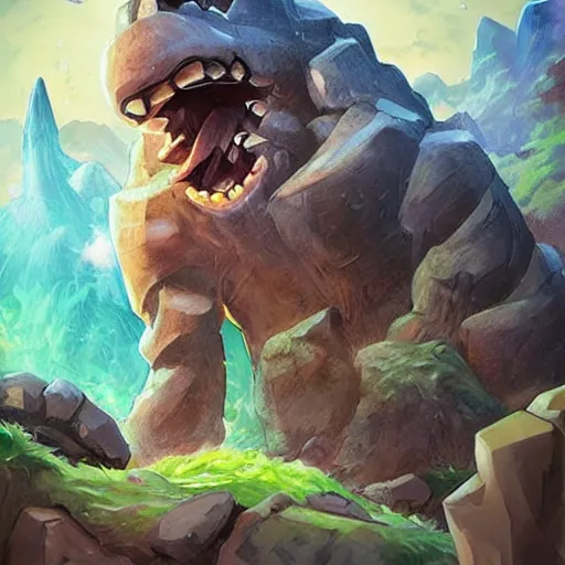 Image similar to ((((giant rock elemental golem monster)))), dust and rock theme, hearthstone art style, epic fantasy card game art