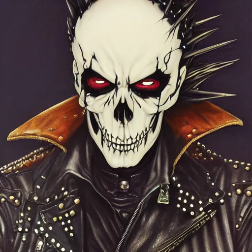 Image similar to a portrait of the grim reaper as a punk rocker, punk, skeleton face, mohawk, dark, fantasy, leather jackets, spiked collars, spiked wristbands, piercings, boots, electric guitars, motorcycles, ultrafine detailed painting by frank frazetta and vito acconci and michael whelan and takeshi obata, death note style, detailed painting