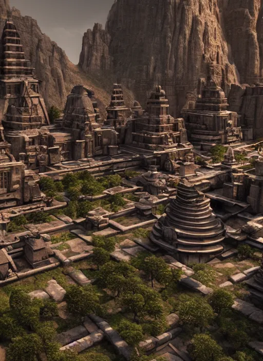 Prompt: landscape of futuristic ancient temples, , detailed terrain, ultra realistic, cinematic lighting, depth of field, artstation,