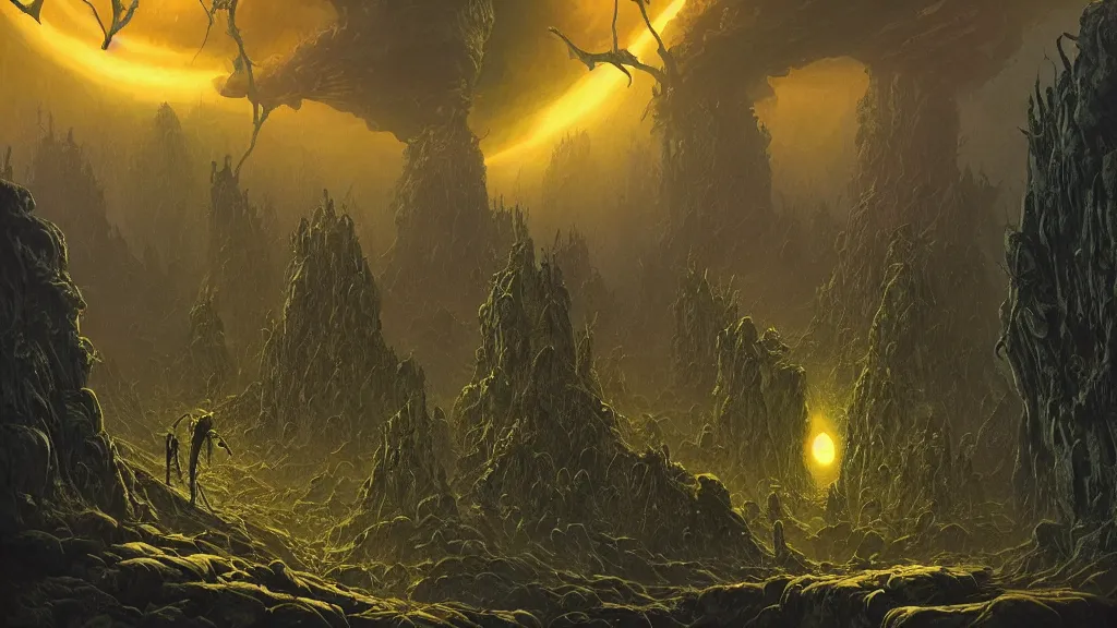 Image similar to eerie atmospheric alien planet with biomechanical plants by les edwards and vincent di fate and anato finnstark, epic cinematic matte painting