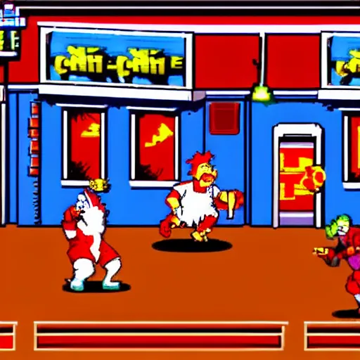 Image similar to screenshot of ronald mcdonald, white face, red afro, red nose and yellow outfit as an enemy in streets of rage video game, sega genesis video game, upscaled to high resolution