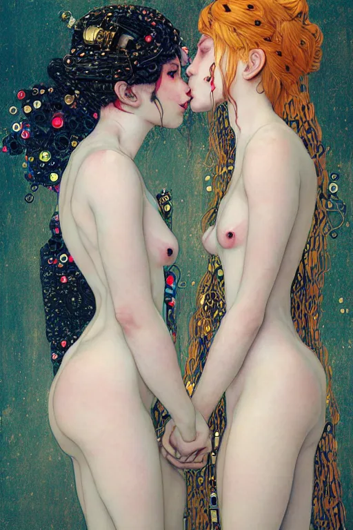 Prompt: two beautiful young cyborg maidens, cyberpunk, kiss, highly detailed, artstation, illustration, art by Gustav Klimt