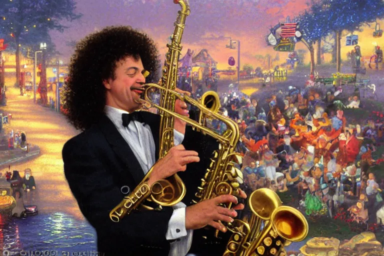 Prompt: thomas kinkade painting of kenny g playing saxaphone at chuck e cheese