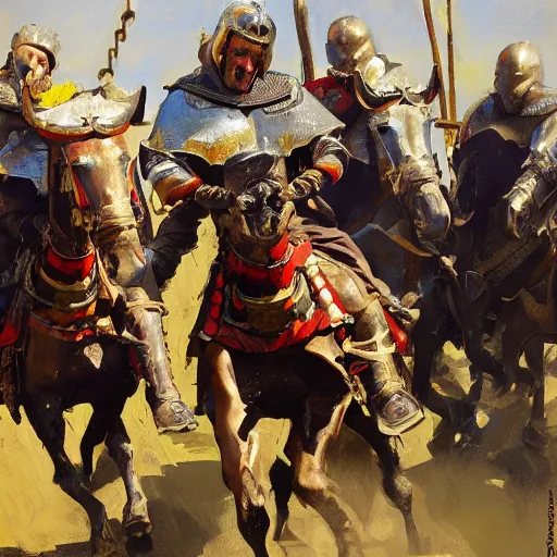 Image similar to mel gibson as rider with couched jousting lance, medieval helmet, colorful caparisons, chainmail, detailed by greg manchess, craig mullins, bernie fuchs, walter everett, low angle