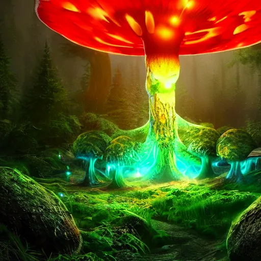 Image similar to dragon in a bright glowing mushroom forest runs for president of the galaxy uhd ultra realistic ray traced 4 k highly detailed sharp lines dramatic lighting artstation trending