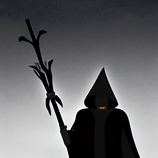 Image similar to a black figure in a grey cloak holding his black spear up to the sky, Digital art