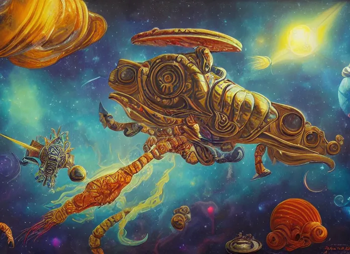 Prompt: painting of ornate space ship, nebulae background, nautilus, shell, space jammers, art deco, d & d, dust, sun, 4 0 k warhammer, shrimp, prawn