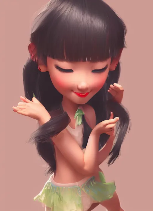 Image similar to a cute asian girl dancing, flowing hair in the style of pixar animation, full body shot, viewed from bellow, award winning, hyper detailed, studio lighting, artstation, octane renderer, unreal engine