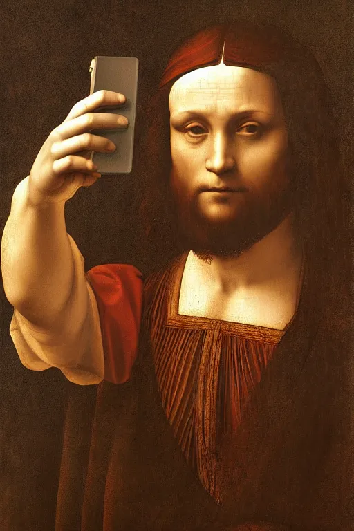 Image similar to leonardo da vinci taking a selfie, oil painting, digital art, photorealism