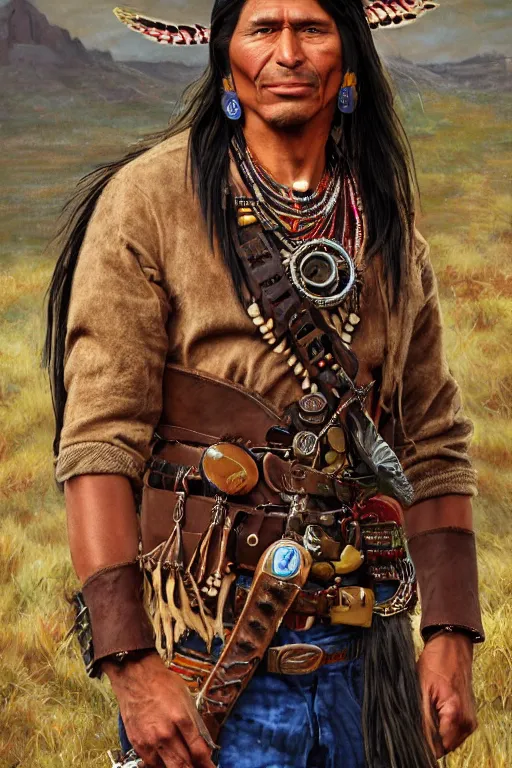 Prompt: character portrait of a thin native american indian man in his early 3 0 s, wearing traditional cargo buckskin jacket buckskin tactical toolbelt pockets bandolier full of trinket and baubles, steampunk arcane shaman, deadlands, weird west, by steve henderson, sandra chevrier, alex horley