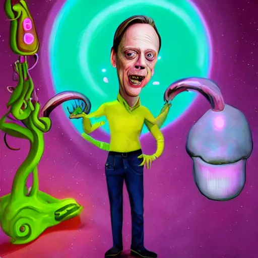 Image similar to steve buscemi as a martian alien, smiling, holding neon mushrooms, highly detailed, 8 k, trending on artstation, award - winning art,