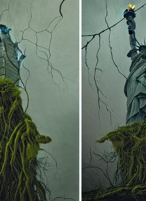 Image similar to hyper detailed oil painting of the statue of liberty; cracked, decaying, covered in moss and vines; thunderstorm; moody cinematic lighting, painted by Greg Rukowtski, trending on Artstation