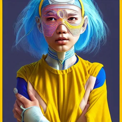 Prompt: filipino cute girl blue - yellow hair, nasal strip, broken nose, cyborg nose, glowing hair, intricate, elegant, highly detailed, my rendition, digital painting, artstation, concept art, smooth, sharp focus, illustration, art by artgerm and greg rutkowski and alphonse mucha and uang guangjian and gil elvgren and sachin teng