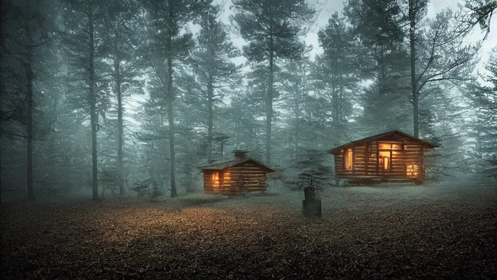 Prompt: [ a cabin in the woods. ] artgerm, mikko lagerstedt, zack snyder, tokujin yoshioka