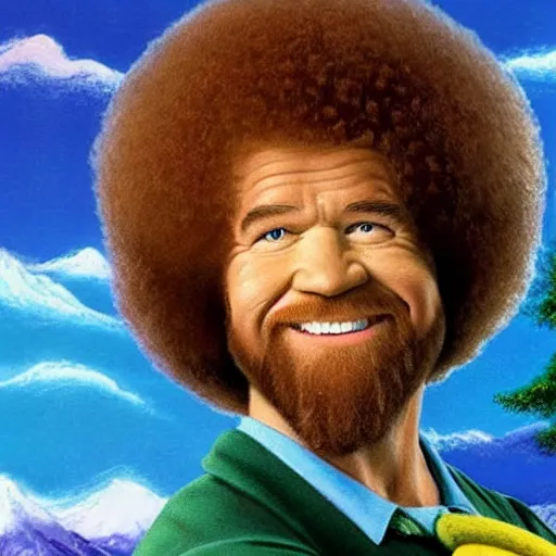 Image similar to bob ross as the worlds strongest man, high detail, vivid colors, happy little trees,