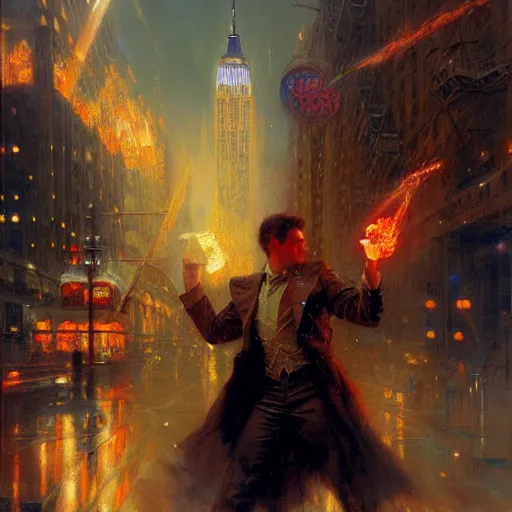 Prompt: stunning male master wizard destroying new york by his thunder spell, highly detailed painting by gaston bussiere, craig mullins, j. c. leyendecker, 8 k