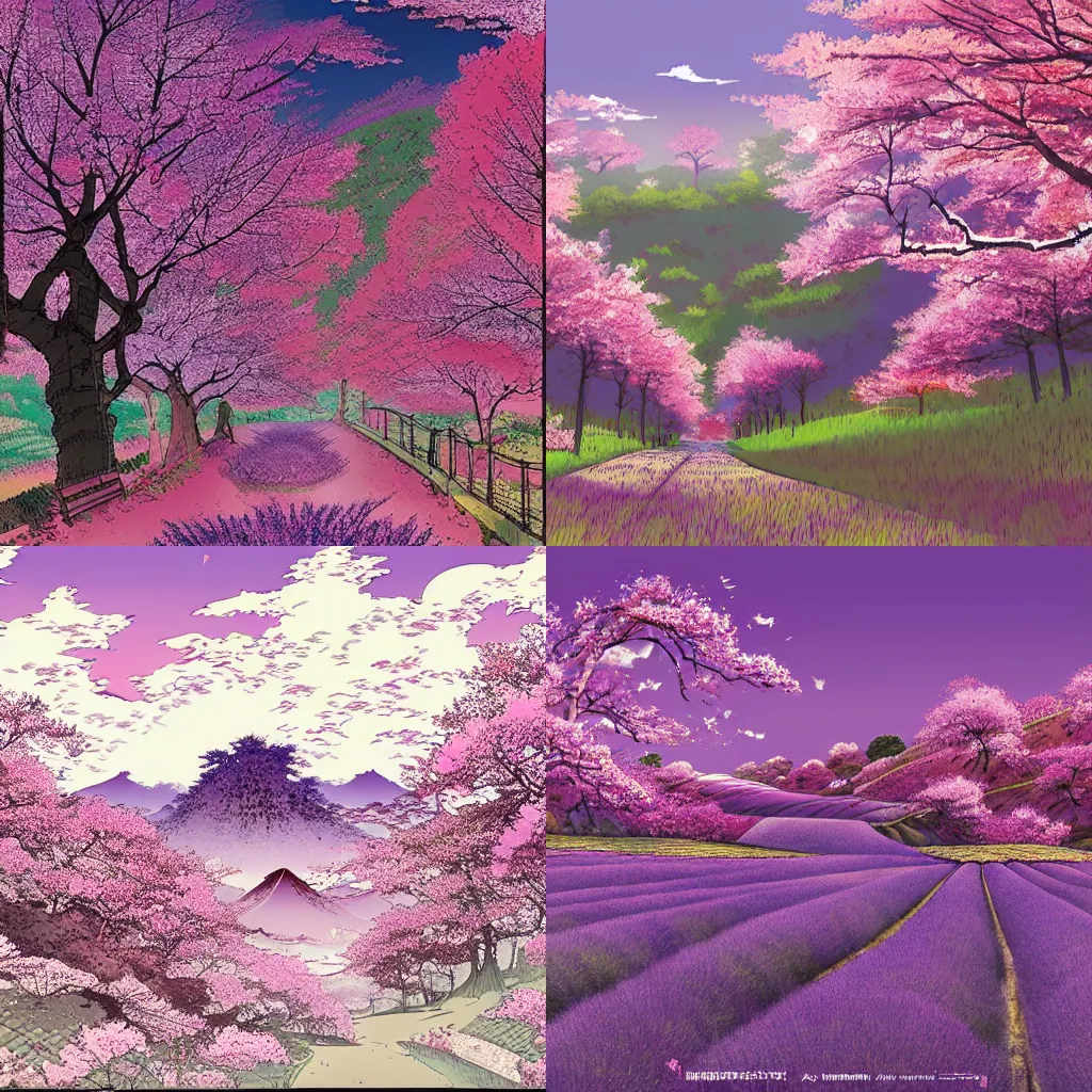 Prompt: beautiful illustration of a landscape in a cherry blossom storm, japanese countryside, lavender colour splash, in the style of Katsuhiro Otomo and Takehito Harada and Yoshitaka Amano