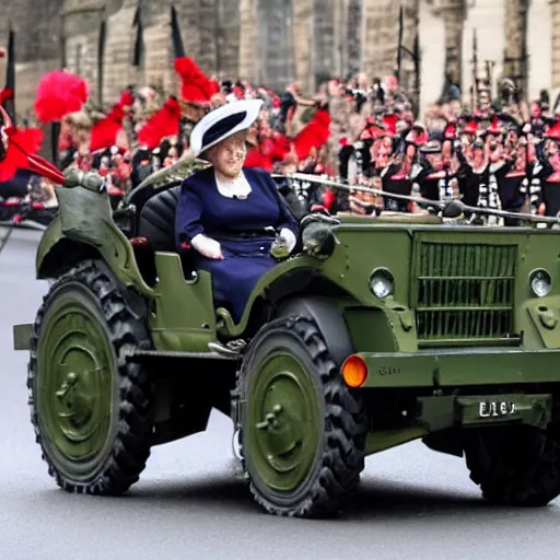 Image similar to queen victoria watching a parade of military vehicles, cloudy day