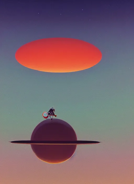 Prompt: A man flying off into the Saturn sunset on an small hovercraft over a small space colony by Edward Hopper and James Gilleard, 8k, octane render, ultra sharp, detailed digital art