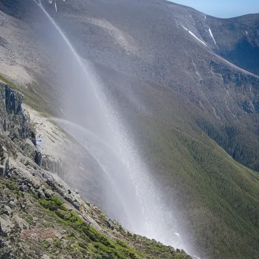 Image similar to very - distant aerial photograph of : a waterfall is falling from the peak of the world's tallest mountain down to a lake surrounded by a city at the base of the mountain. the waterfall is unbelievably tall.
