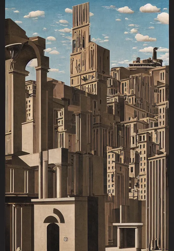 Prompt: [Poster! of Bordeaux in a stunning brutalism by Giorgio de Chirico, Rene Magritte, George Tooker, Titian]