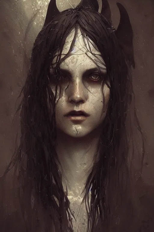 Image similar to Portrait of a witch, detailed face, fantasy, very detailed, dramatic, fine horror, artistic, cinematic lighting, digital art painting by greg rutkowski