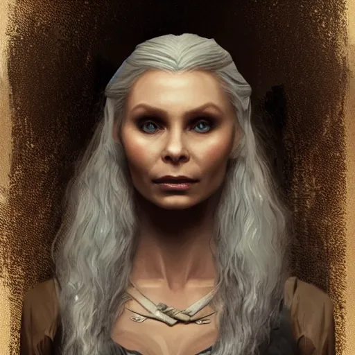 Image similar to myanna buring as tissaia de vries from the witcher show, urban motifs, intricate, elegant, highly detailed, digital painting, trending on artstation, concept art, smooth sharp focus, illustration, art by artgerm and greg rutkowski