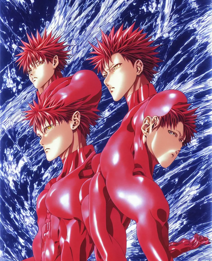 Image similar to symmetrical. realistic detailed image of third impact, realistic detailed male character, kaworu nagisa, depth perception, masterpiece, depth of field, action horror, gothic, vivid colors. art by yoshitaka amano, by yukito kishiro, by yoshiyuki sadamoto, by artgerm, by hajime sorayama