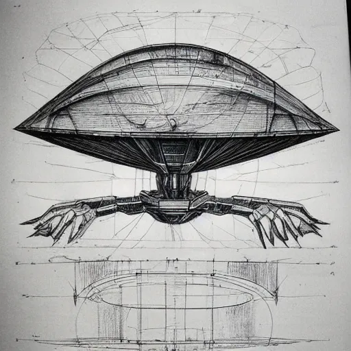 Image similar to various sketches of an alien spaceship in the style of leonardo da vinci, ultra detailed, scribbles, technical drawing, engineering blueprints