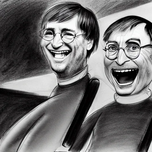 Image similar to Steve Jobs and Bill Gates laughing at an interview, sketch art