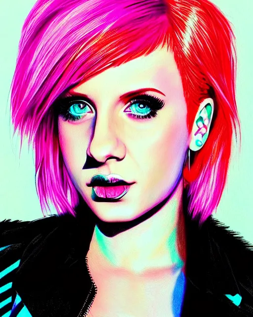 Image similar to neon Hayley Williams, fine details, realistic shaded, fine-face, pretty face