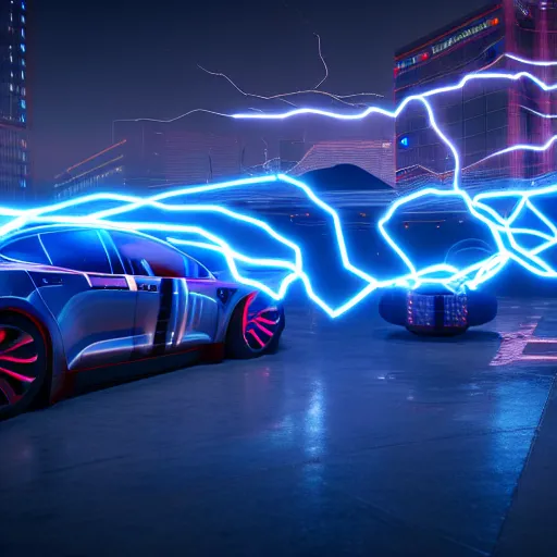 Image similar to photography of a hyper realistic cyberpunk tesla coils, highly detailed complex blue lightnings arround it. high detail, professional digital art, unreal engine 5 8 k rendering, stunning, clear render, artstation