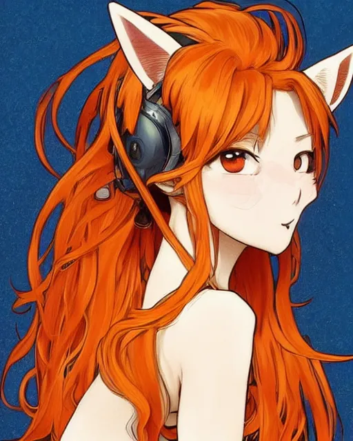 Image similar to A cute frontal portrait of a beautiful anime skinny foxgirl with curly orange colored hair and fox ears on top of her head wearing a white short t-shirt with quake 3 symbolic looking at the viewer, elegant, delicate, soft lines, higly detailed, smooth , pixiv art, ArtStation, artgem, art by alphonse mucha charles reid and Gil Elvgren, high quality, digital illustration, concept art