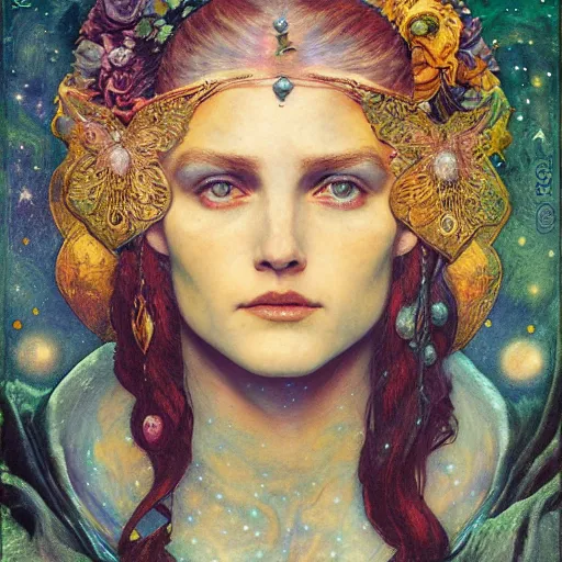 Image similar to queen of the moon with stars in her hair, by annie swynnerton and tino rodriguez and nicholas roerich and jean delville and donato giancola and tom bagshaw, dramatic lighting, floral tattoos, rich colors, smooth sharp focus, extremely detailed, adolf wolfli