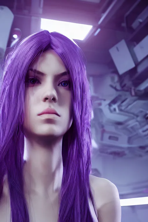 Prompt: cybernetic girl with long purple hair from the future, wires connected to servers behind, photo realistic, 4k unreal engine 5 render, by wlop