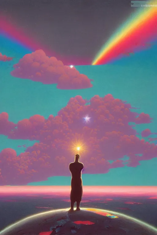Image similar to a scifi apocalypse in space of a spiritual being dreaming psychedelic hallucinations in cosmos, rainbow colored clouds, by kawase hasui, moebius, Edward Hopper and James Gilleard, Zdzislaw Beksinski, Steven Outram, unreal engine, highly rendered, hd, 8k, artstation