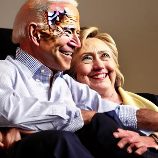 Prompt: up close of joe biden and hillary clinton cuddling on a loveseat