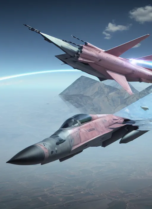 Image similar to hyperrealism, detailed textures, photorealistic 3 d, fighter jet hovering, futuristic stealth, flying low over an endless plain of flamingos, ultra realistic, cinematic, intricate, cinematic light, unreal engine 8 k